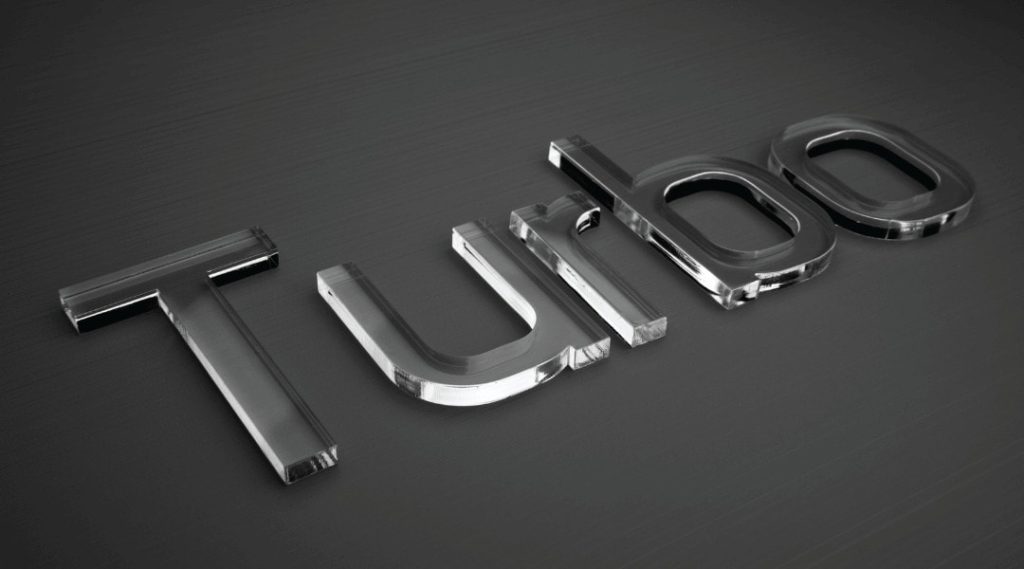 Turbo printed in glass bubble letters.