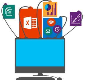 Vector drawing of a computer connected to various Office365 software icons via cables