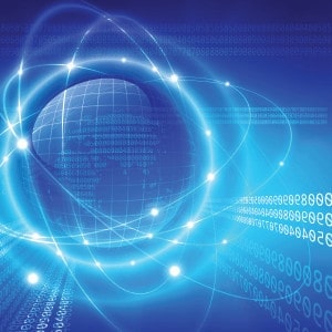 Drawing of the world surrounded by binary and abstract technology