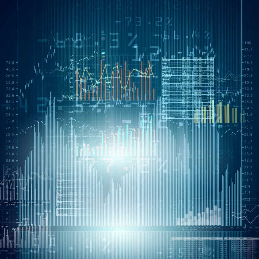 tech graphs, numbers ad chats blurred and overlapping