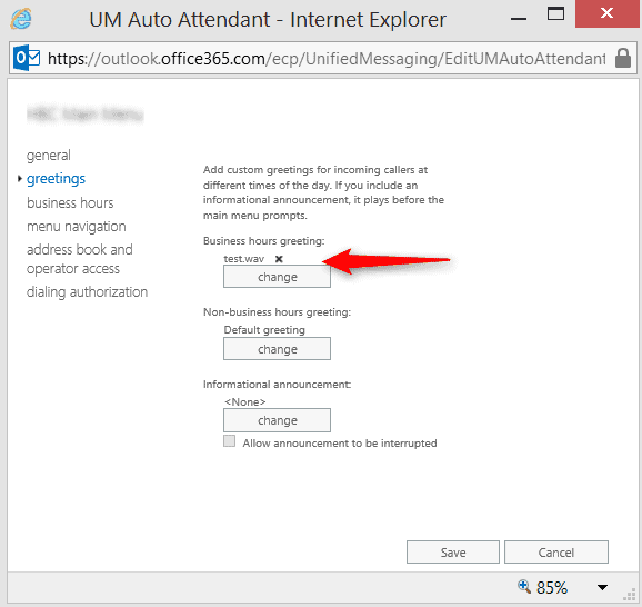 Windows UM Auto Attendant internet explorer greetings for "test.wav"