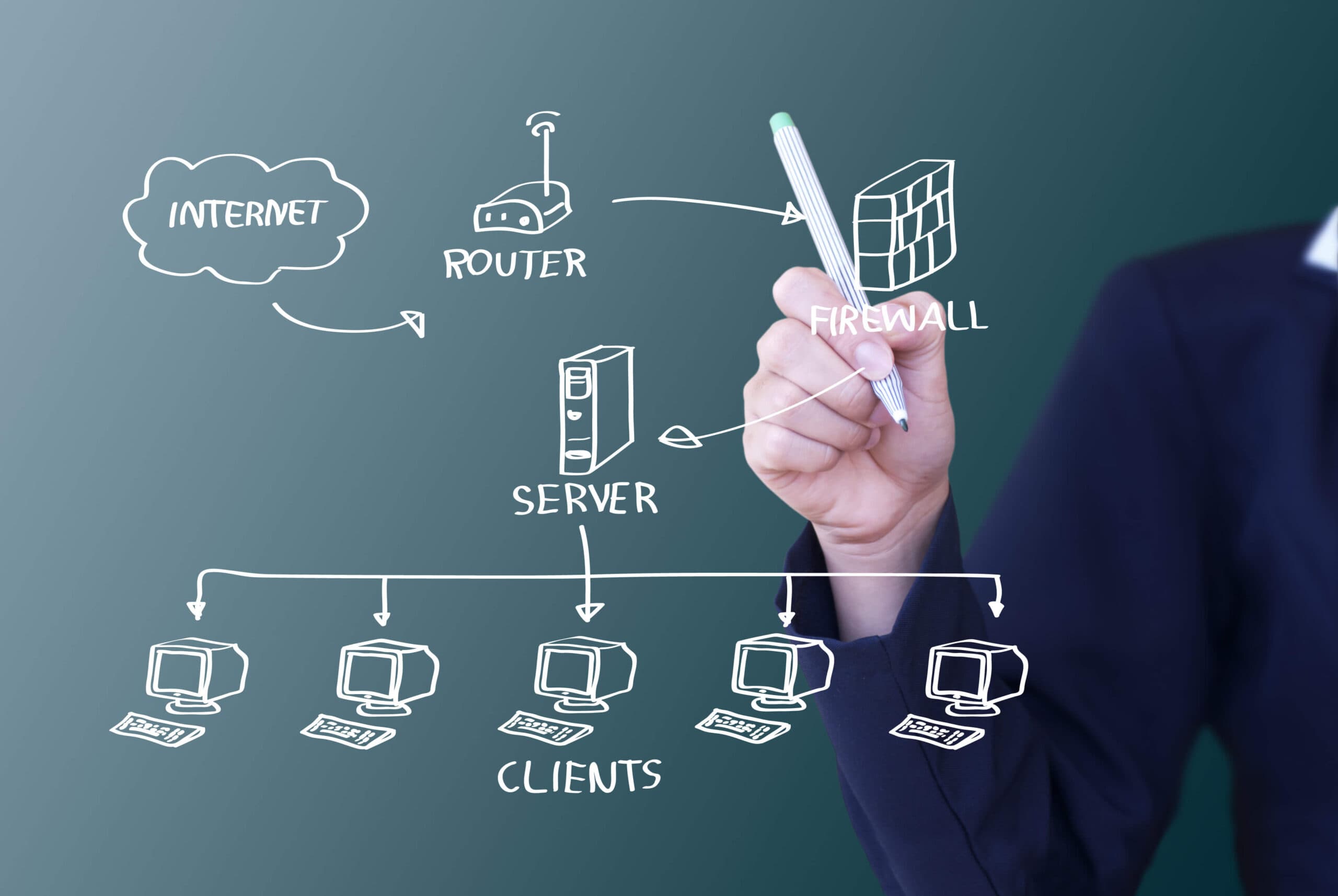 Network diagram drawing by a person in a suit