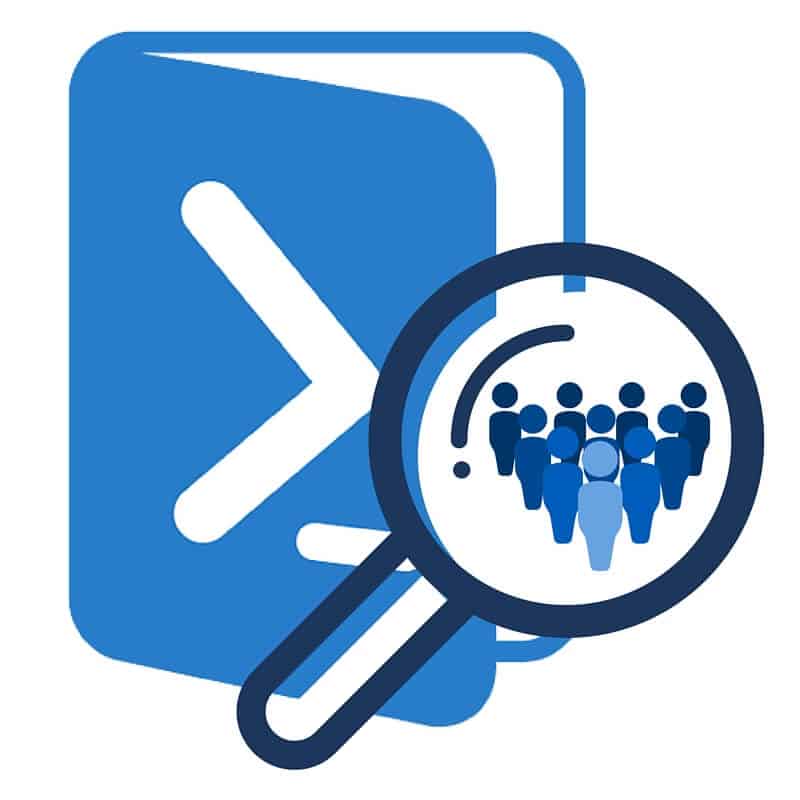 Blue PowerShell logo with magnifying glass with people in it