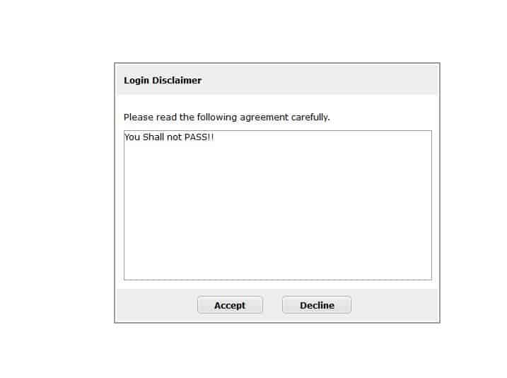 Login Disclaimer with the message "You Shall not PASS!!"