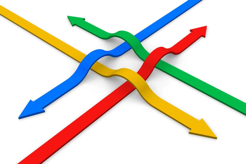 blue, yellow, red and green arrow lines overlapping all going in different directions