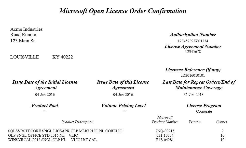 microsoft open license purchase order confirmation