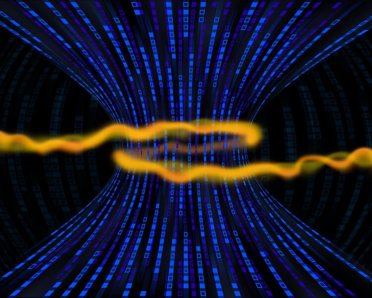 a yellow stream circled around blue data streams creating a bottle neck