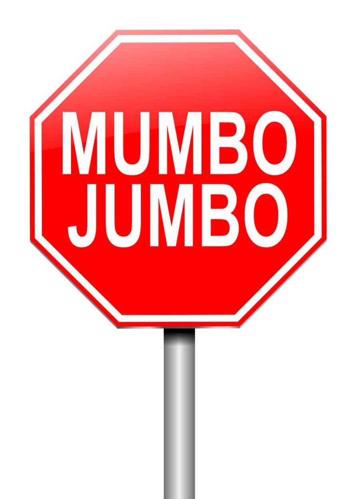 Red stop sign with "mumbo jumbo" written on it