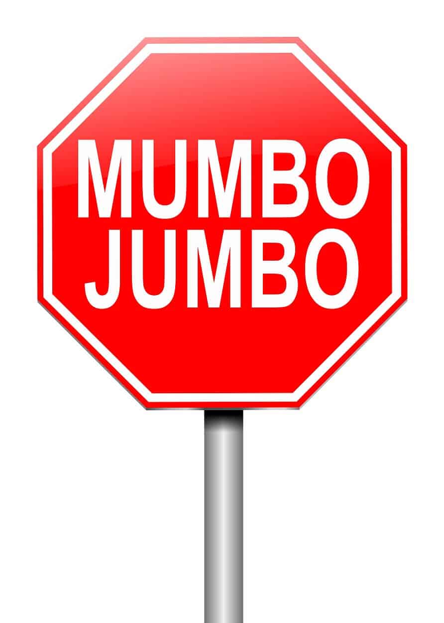 Red stop sign with "mumbo jumbo" written on it