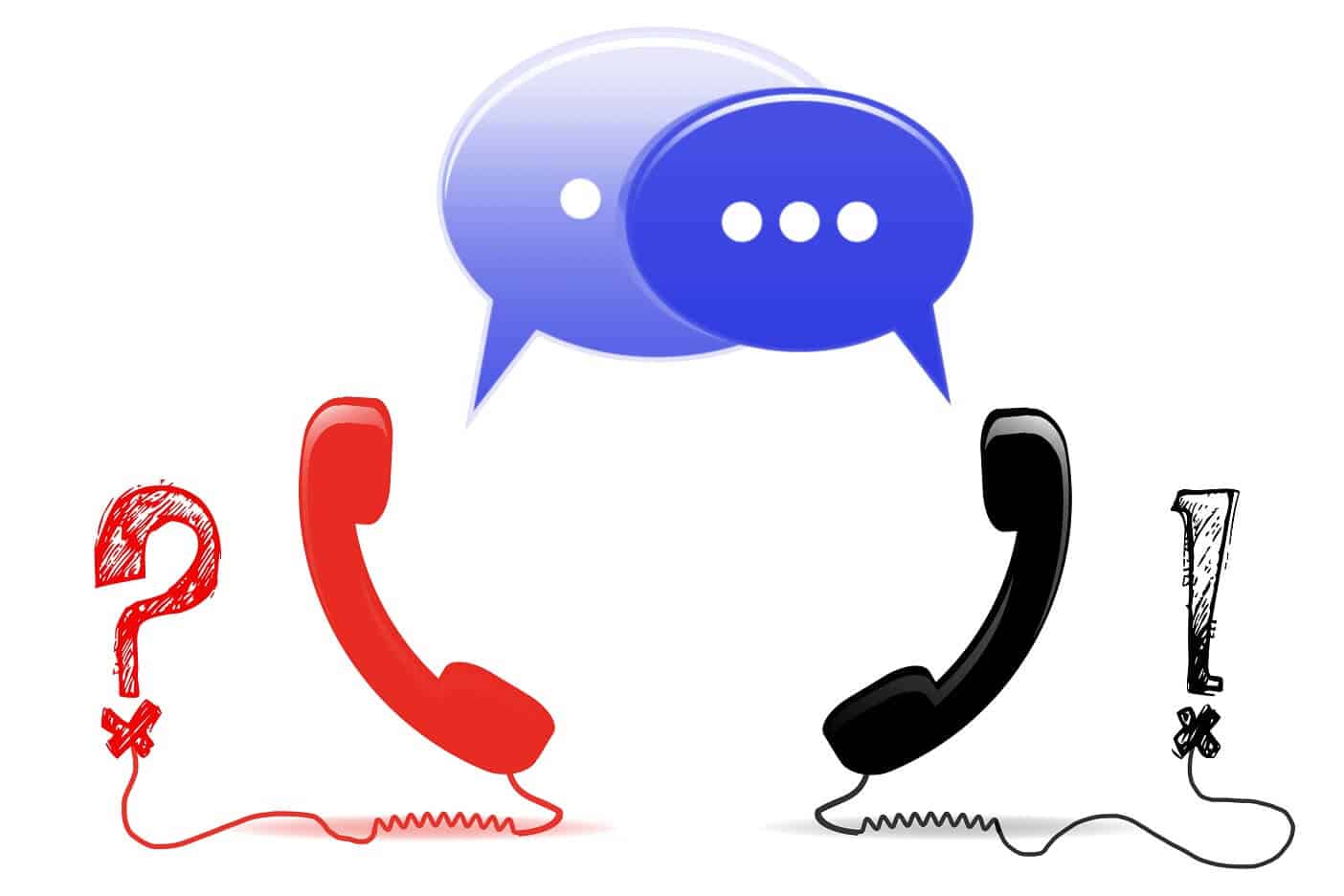 a red phone with a question mark conversation speech bubble to a conversation speech bubble from a black phone with a exclamation mark