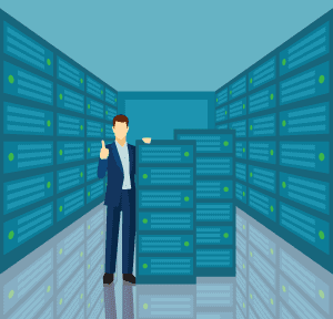 Business man stands next to windows servers