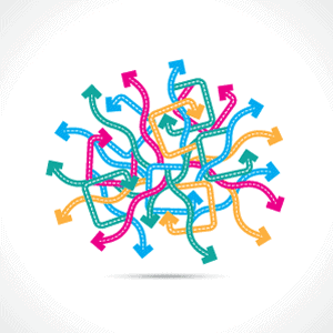 Multicolored tangled arrows going in different directions