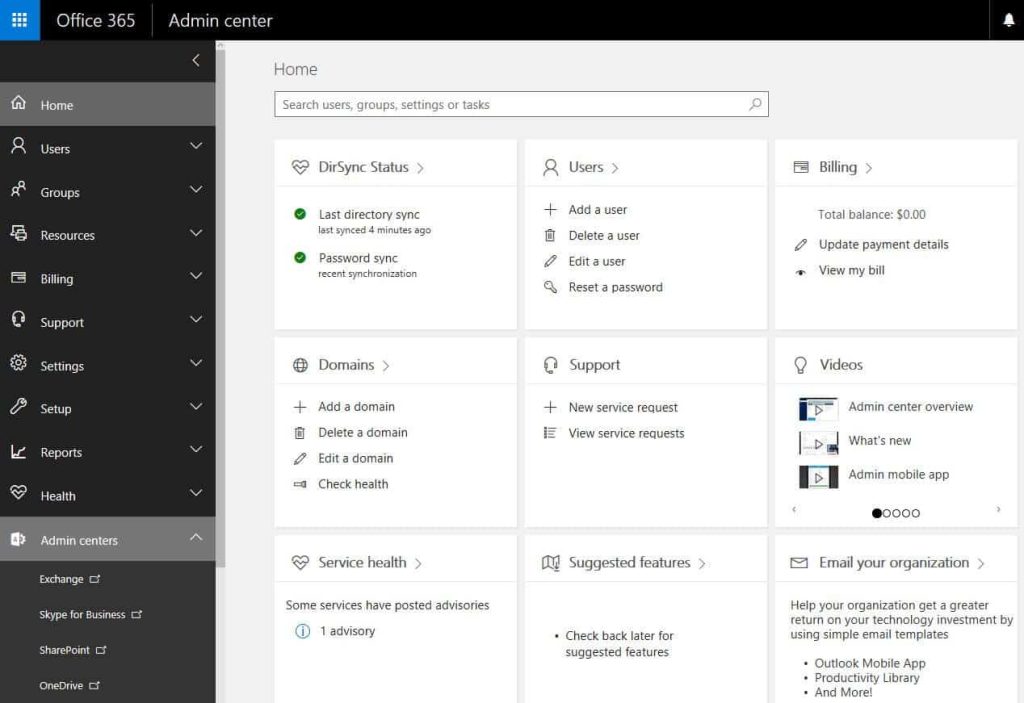 Office 365 Home displaying Admin Center