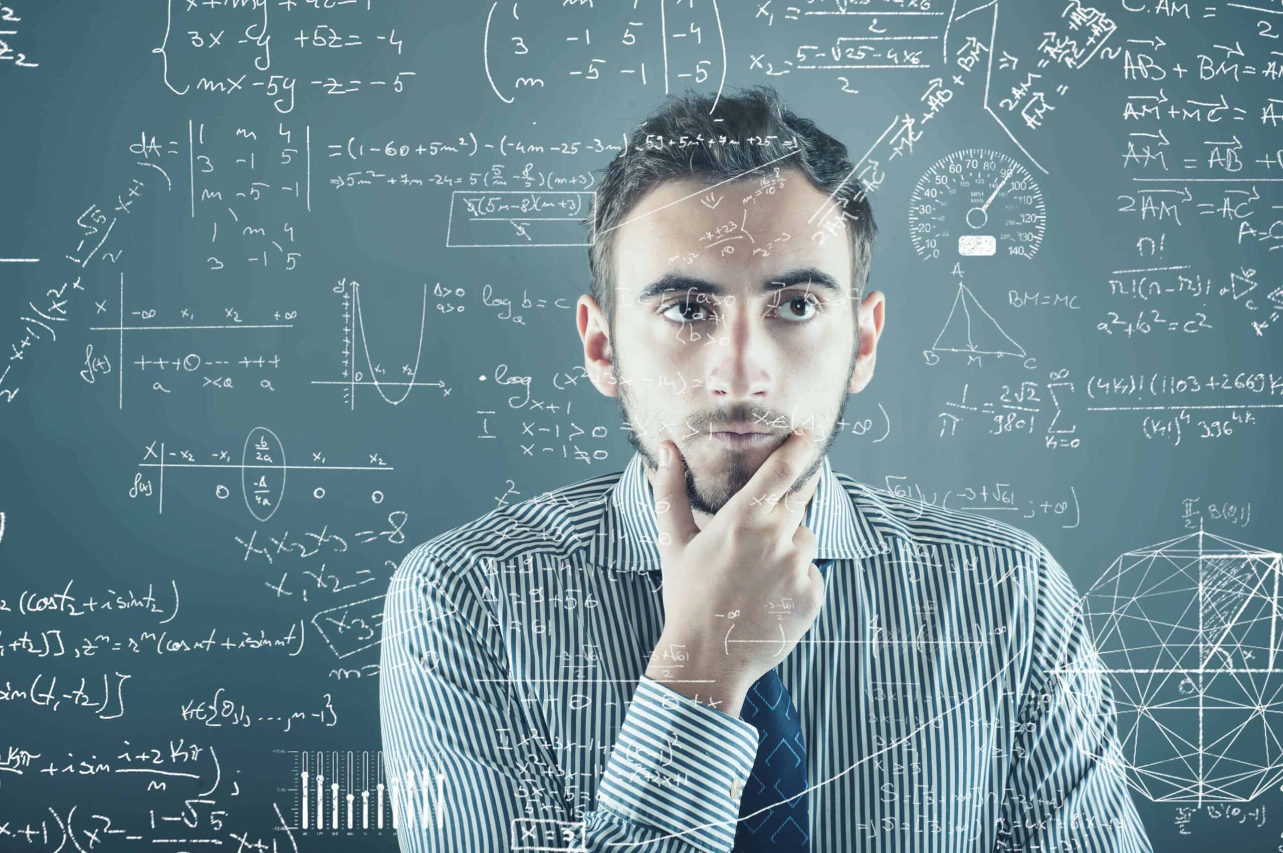 Business man doing mental math, formulas floating around him.