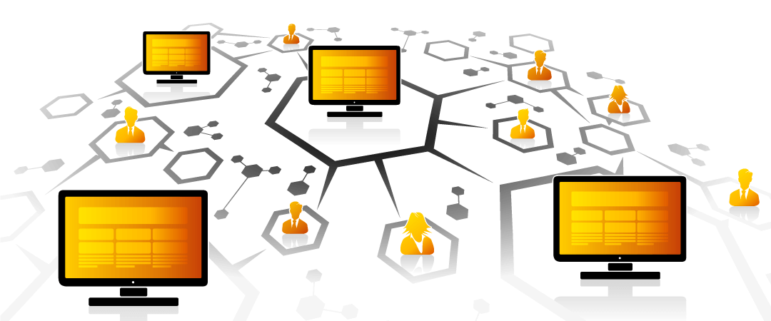 Different users and monitors all being connected through lines