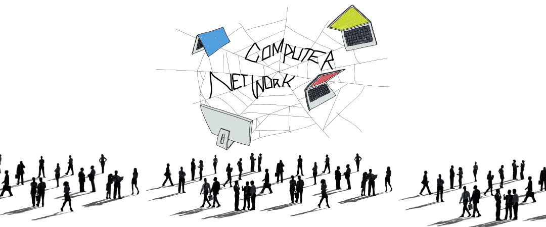 Shadowed figures standing around and walking under a big spider web holding three laptops and a desktop monitor spelling out "Computer Network"