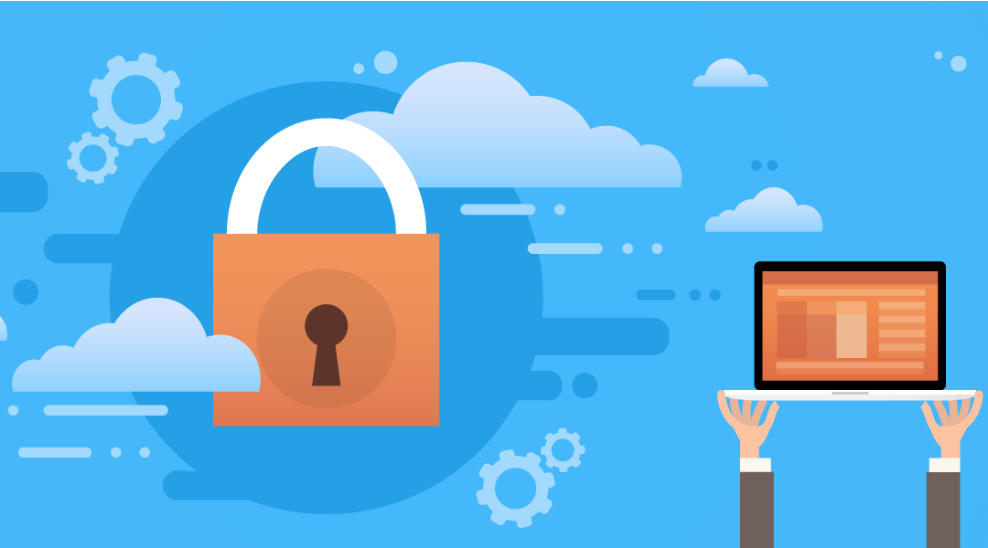 a locked masterlock in a bubble surrounded by clouds next to a persons hands holding up a laptop