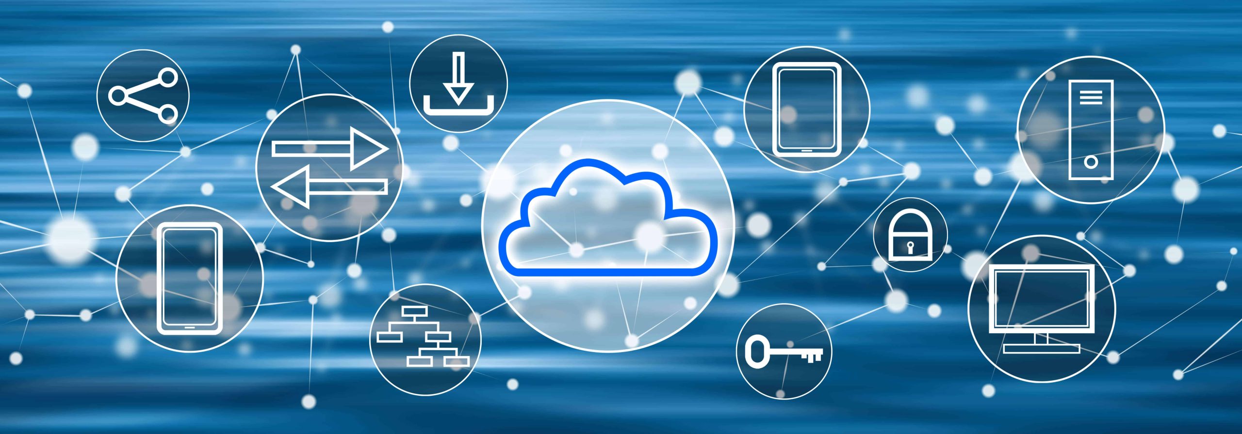 several different device icons in bubbles all being connected to a centered cloud bubble