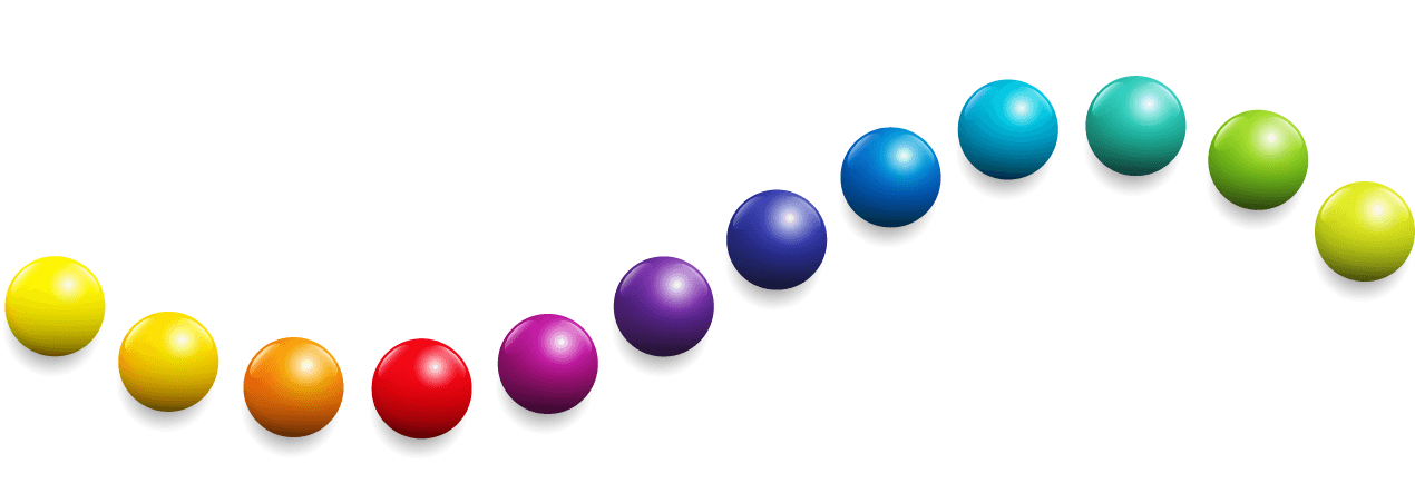 yellow, orange, red, purple, blue and green balls forming a curved line.