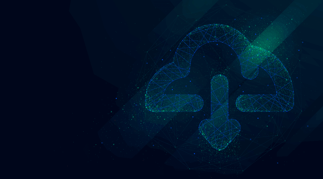 download to the cloud icon made up of green and blue tech lines
