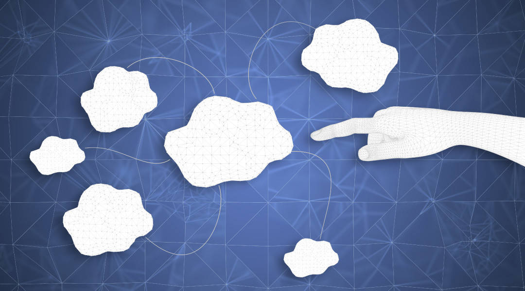 3D render of a white human hand pointing to 3D rendered clouds