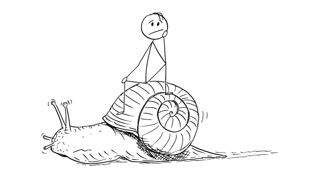 drawing of a stick figure person looking tired riding on a snails shell