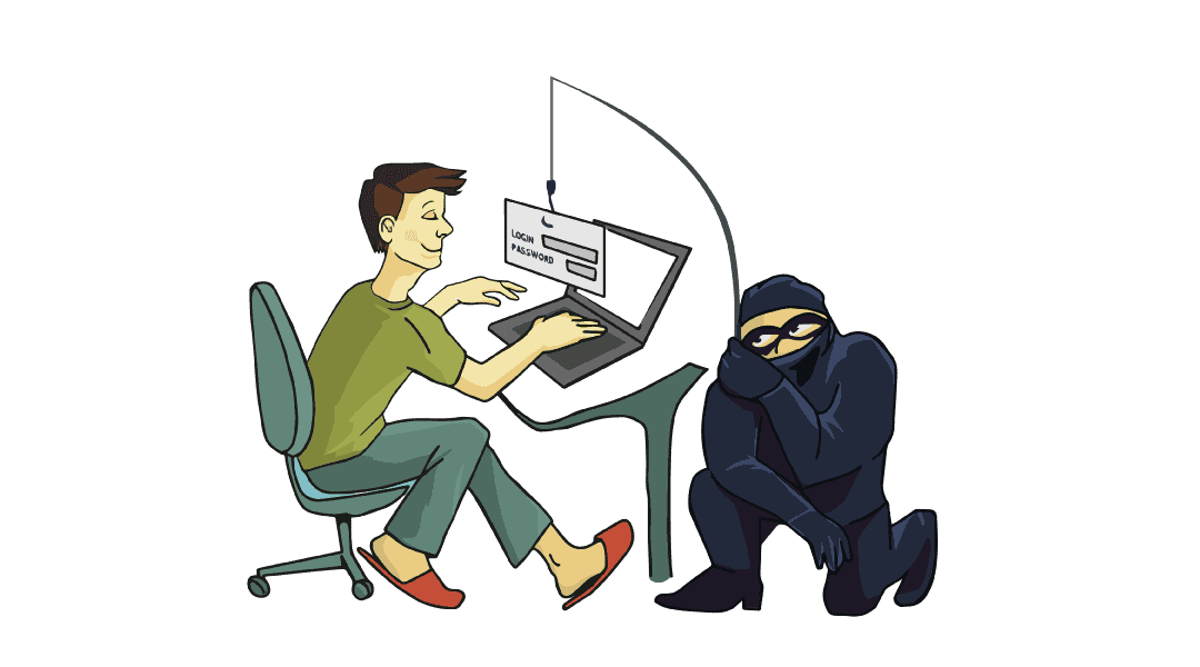 person setting at his desk logging into his laptop with a robbery hiding behind the screen with a fishing pole to steal the login information.