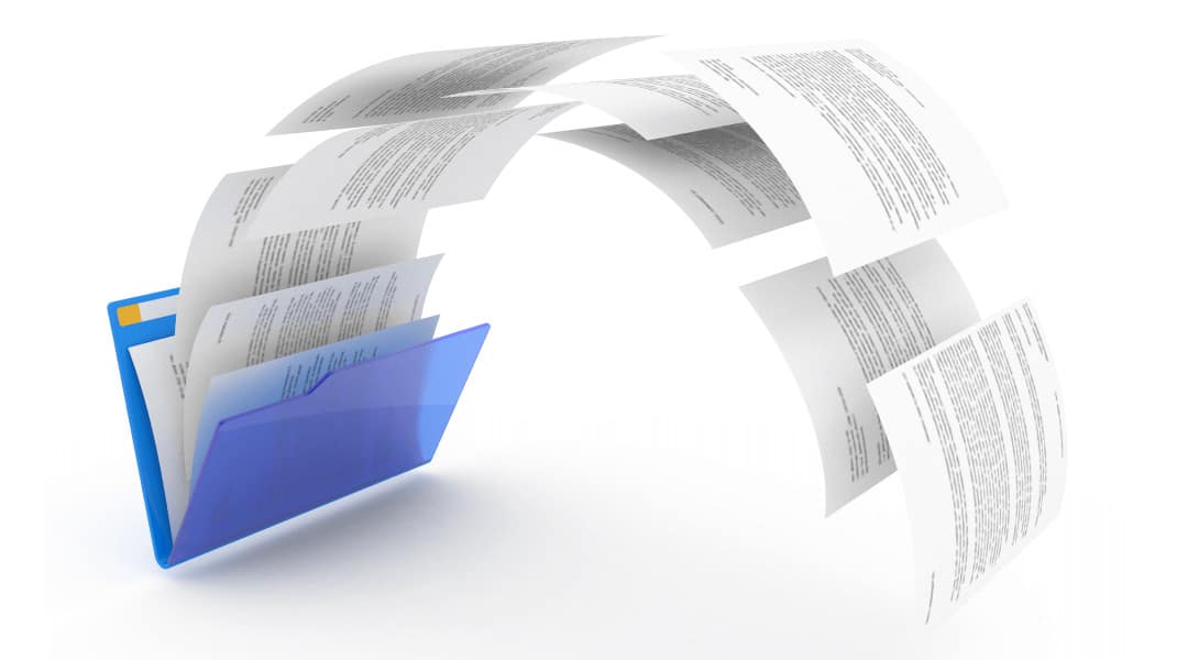 document papers flying out of a blue file folder.