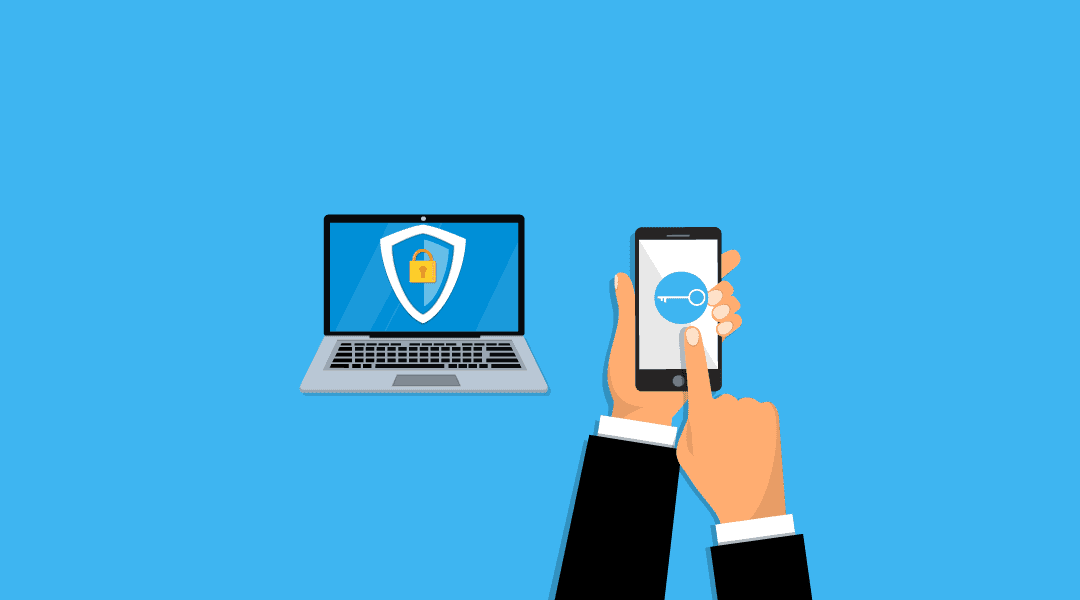 laptop screen displaying a shield with a locked master lock next to an person holding a mobile device displaying the key.