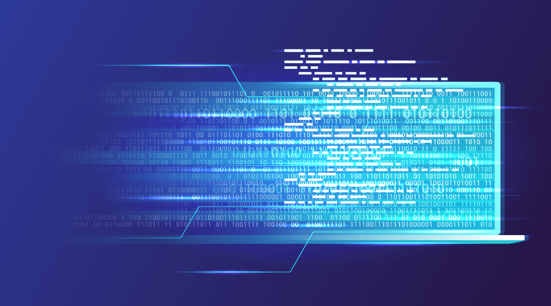 Laptop transforming into a futuristic combination of blue coding lines.