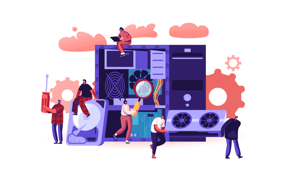 animated individuals taking apart and inspecting a physical desktop tower.
