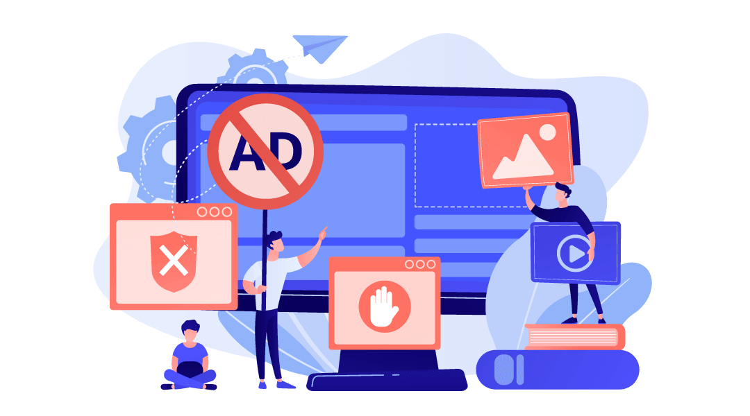 animated individuals holding up prevention and caution signs in front of a desktop screen