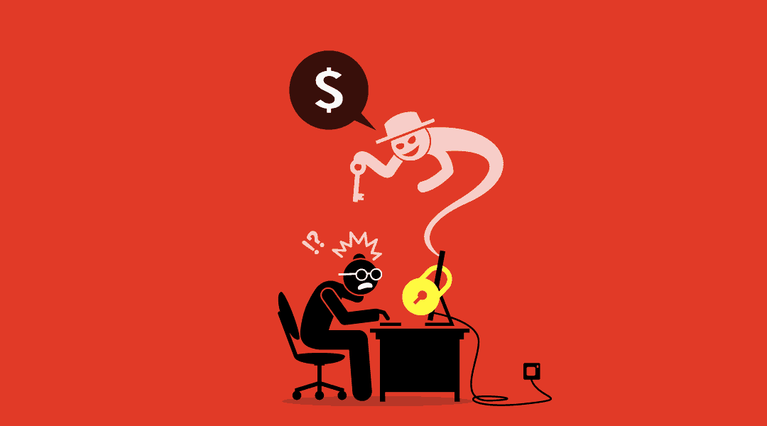 a virus ghost with a dollar sign bubble coming out of a locked computer hovering over the frantic computer user.