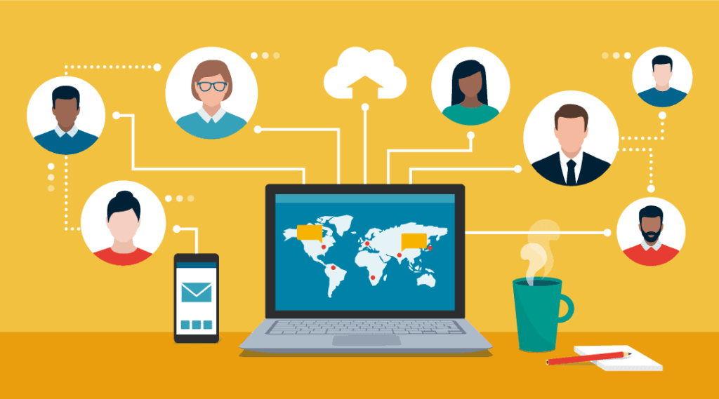 different professional individuals connecting to a a laptop displaying a world map that is operating through a software cloud.