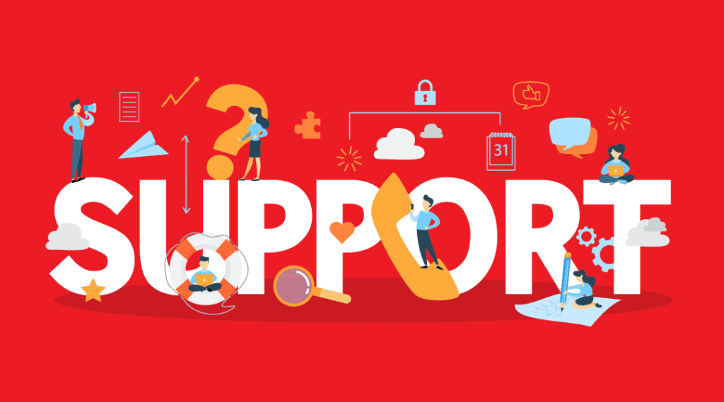 various individuals doing different work related activities around the word "SUPPORT" in white bubble letters.