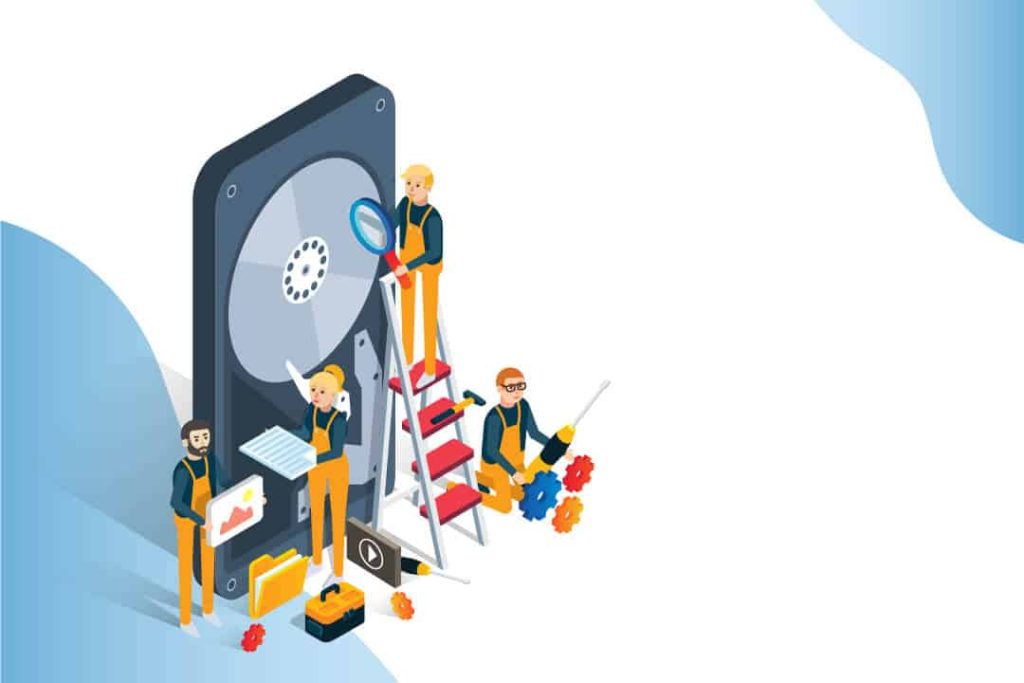 Vector drawing of people repairing a giant hard drive