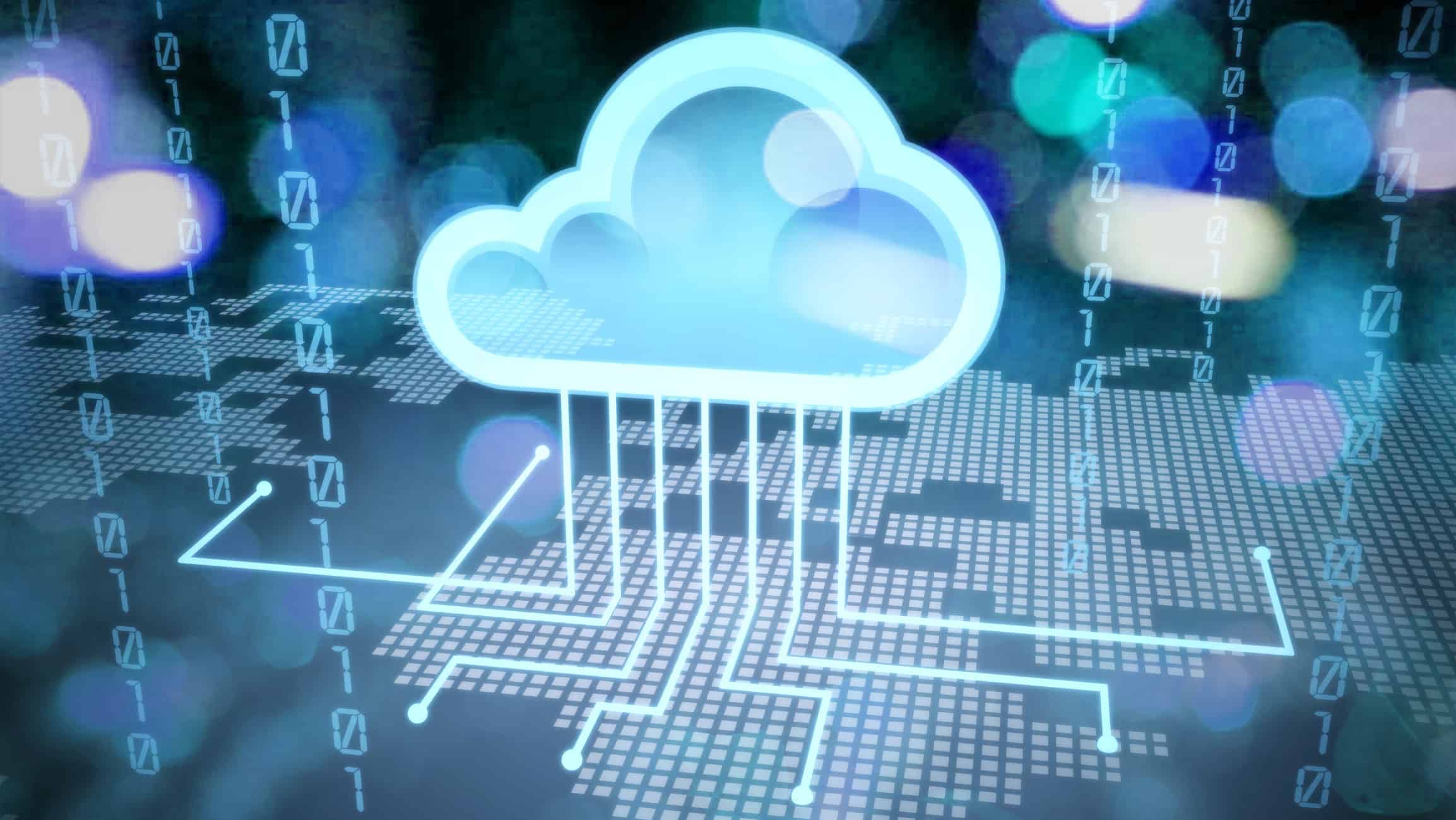 a cloud with lines and nodes leading down to a circuit board