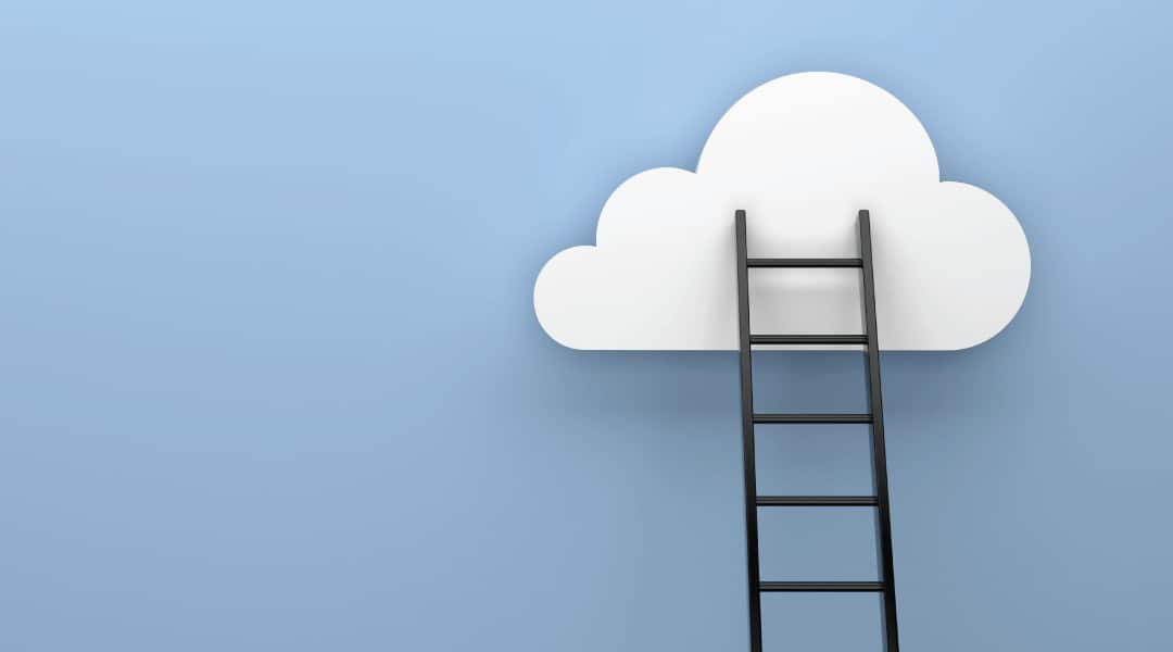 a black ladder leading to a white cloud painted on a blue wall