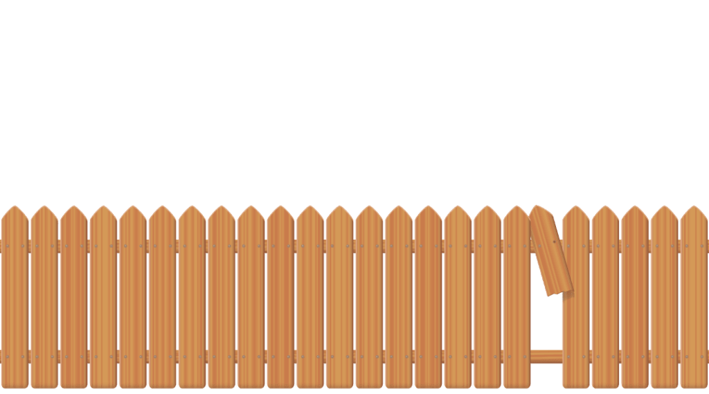 a wooden picket fence with one broken wooden pole.