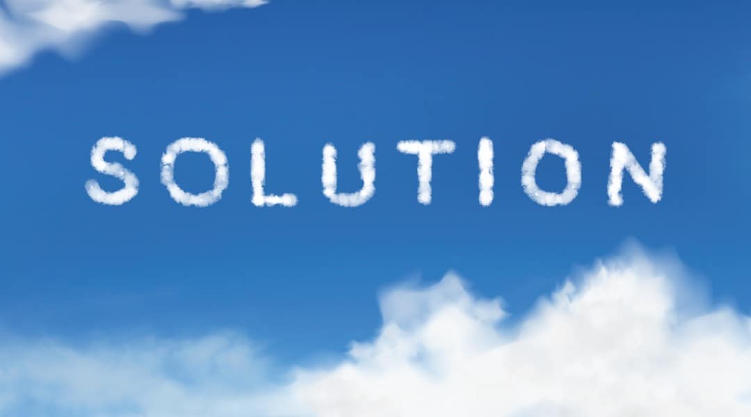 "SOLUTION" spelt out in clouds.
