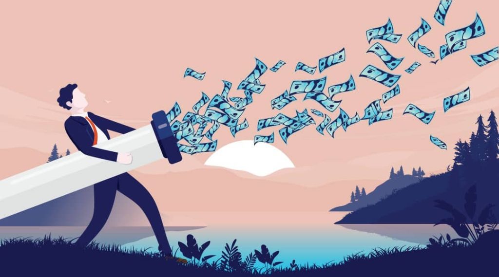 Cartoon business man holding pipe leaking money in to nature