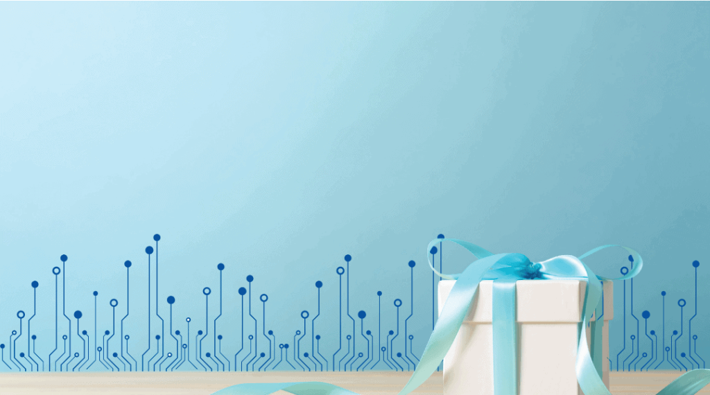White present box with blue ribbon.
