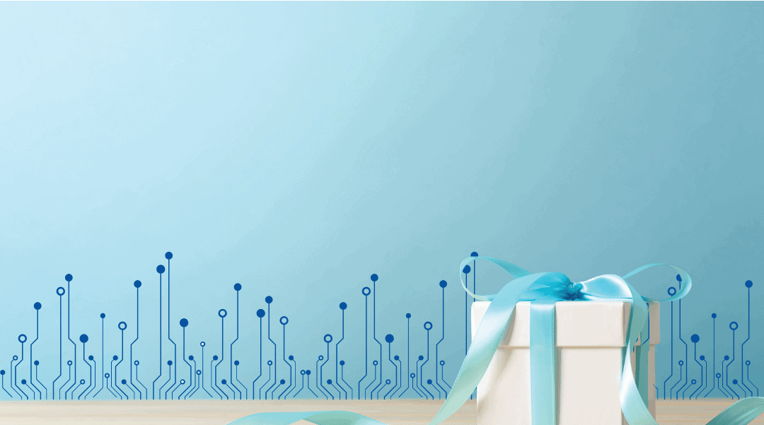 White present box with blue ribbon.