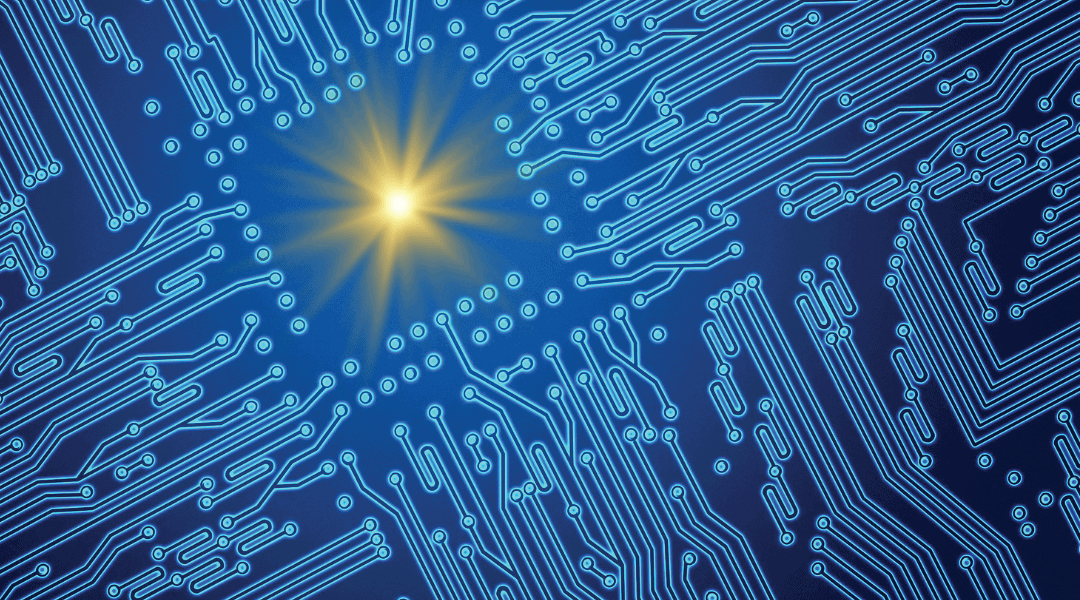 blue circuit board with lines and nodes surrounding a bright yellow sun
