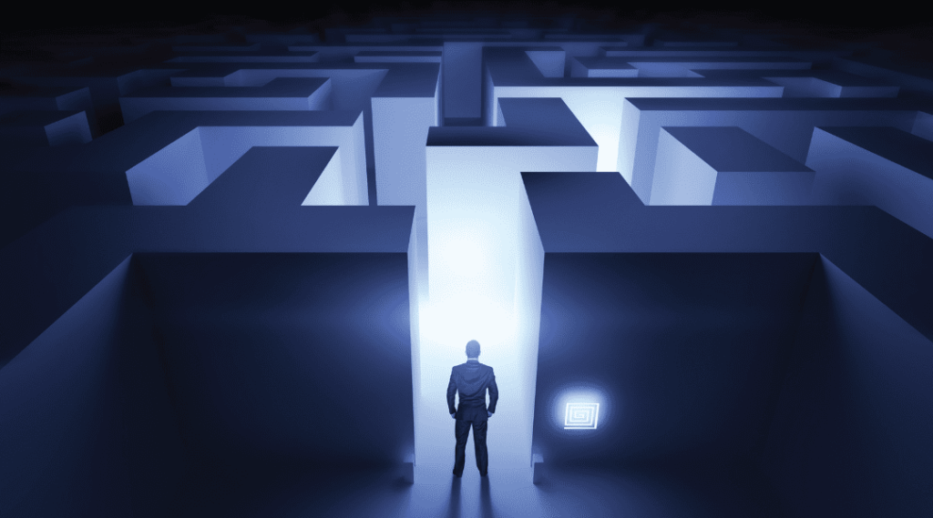 Individual standing at the entrance of a maze
