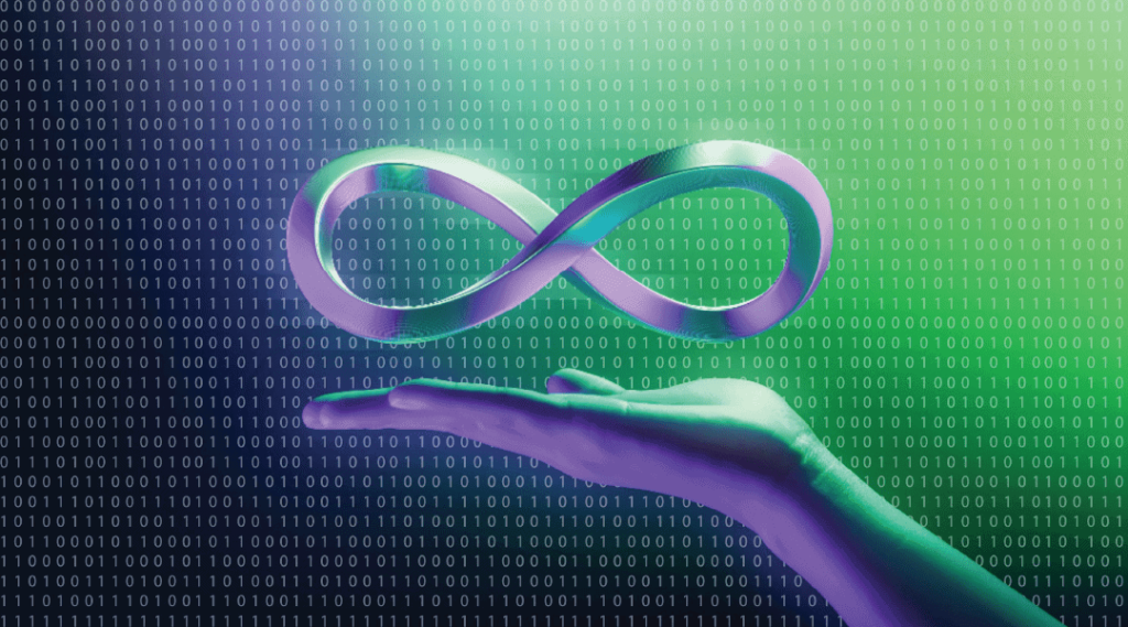 a hand holding an infinity sign with a background of blue and green codes