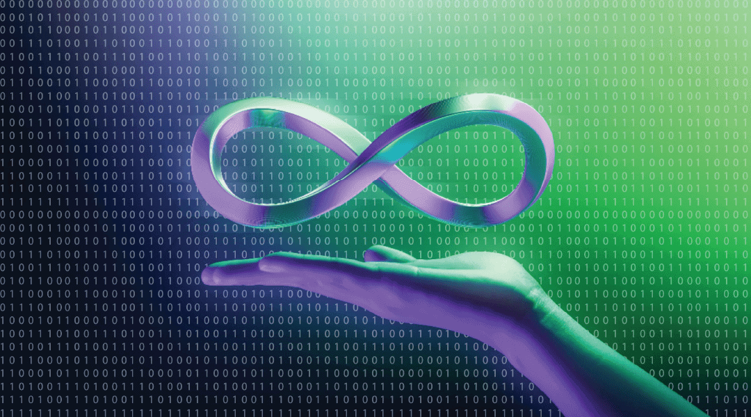 a hand holding an infinity sign with a background of blue and green codes