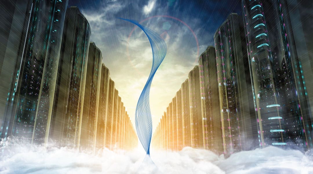 futuristic buildings on either side of a high tech stream coming out of clouds
