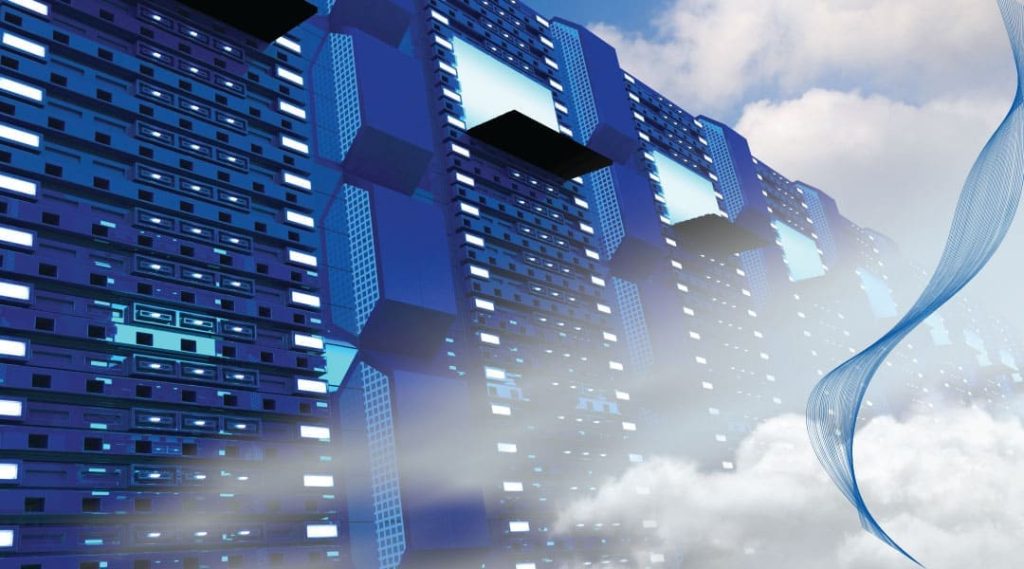a high tech stream coming out of clouds next to industrial Storage servers