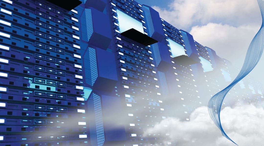 a high tech stream coming out of clouds next to industrial Storage servers